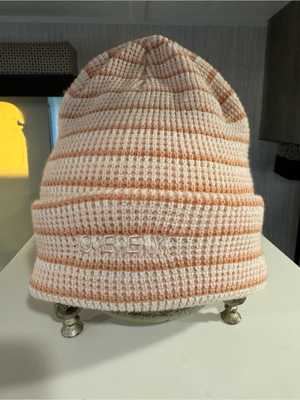 Obey Striped Waffle Knit Beanie - Peach and Cream